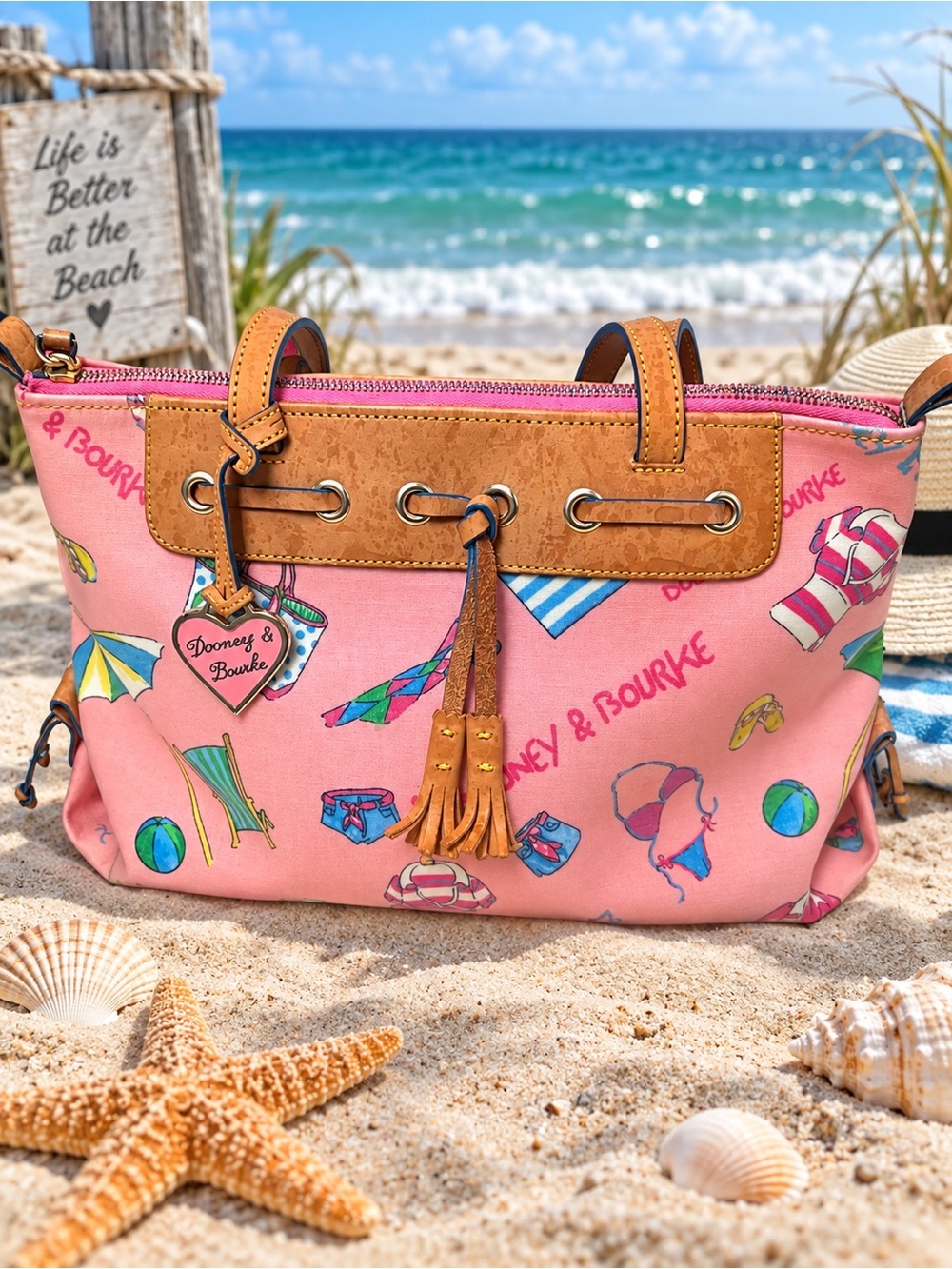 Vintage Dooney & Bourke Pink Canvas “Miami Beach” Tote Bag
